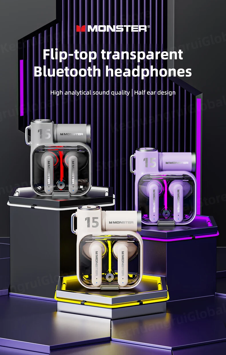 Original Monster XKT15 Wireless Bluetooth 5.3 Earphones TWS Gaming Earbuds RGB Flip Cover Design Headset Low latency 2023 New
