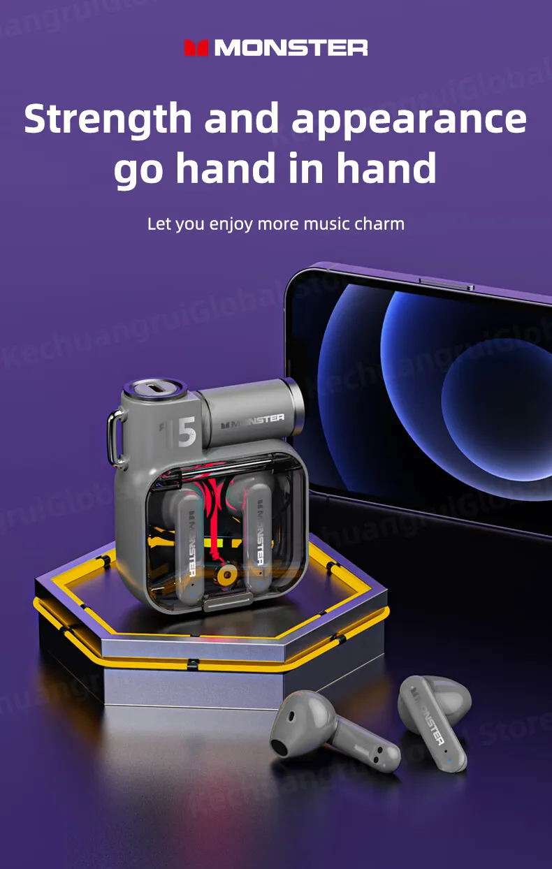 Original Monster XKT15 Wireless Bluetooth 5.3 Earphones TWS Gaming Earbuds RGB Flip Cover Design Headset Low latency 2023 New