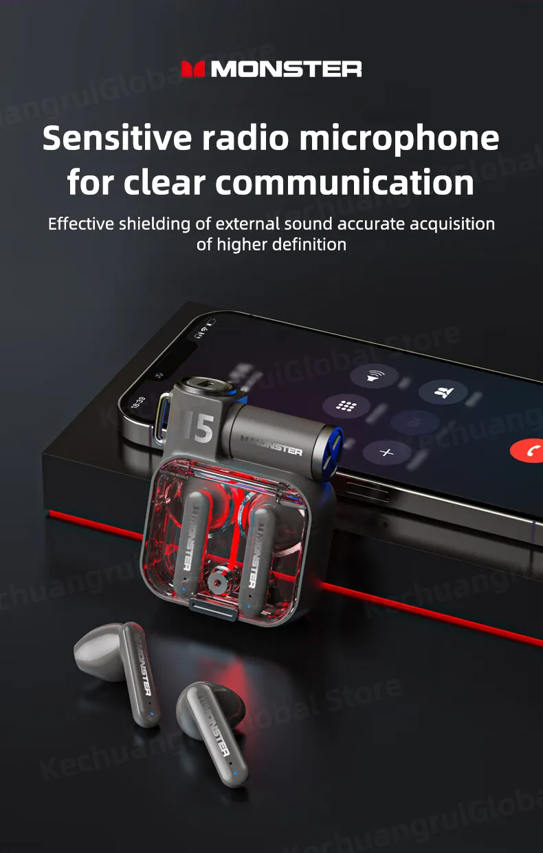 Original Monster XKT15 Wireless Bluetooth 5.3 Earphones TWS Gaming Earbuds RGB Flip Cover Design Headset Low latency 2023 New