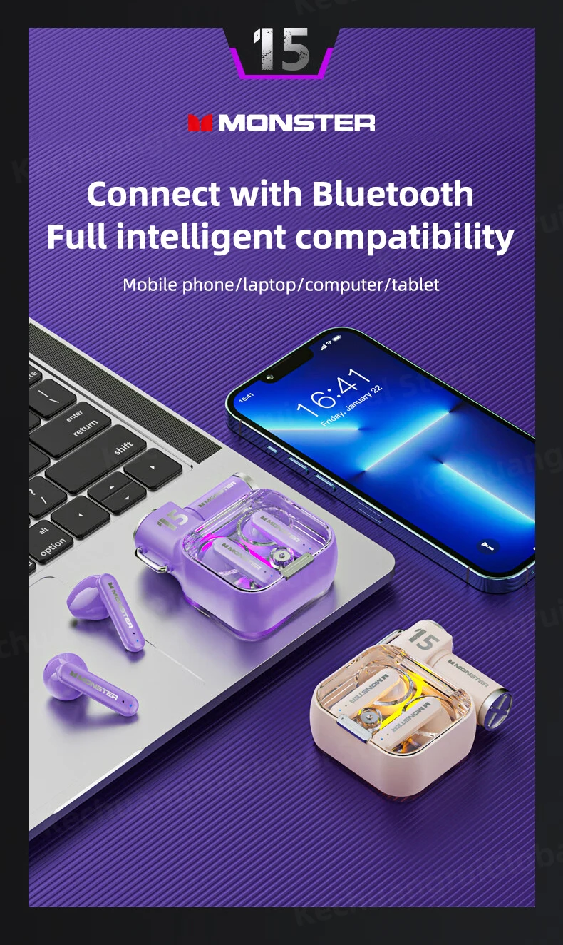 Original Monster XKT15 Wireless Bluetooth 5.3 Earphones TWS Gaming Earbuds RGB Flip Cover Design Headset Low latency 2023 New