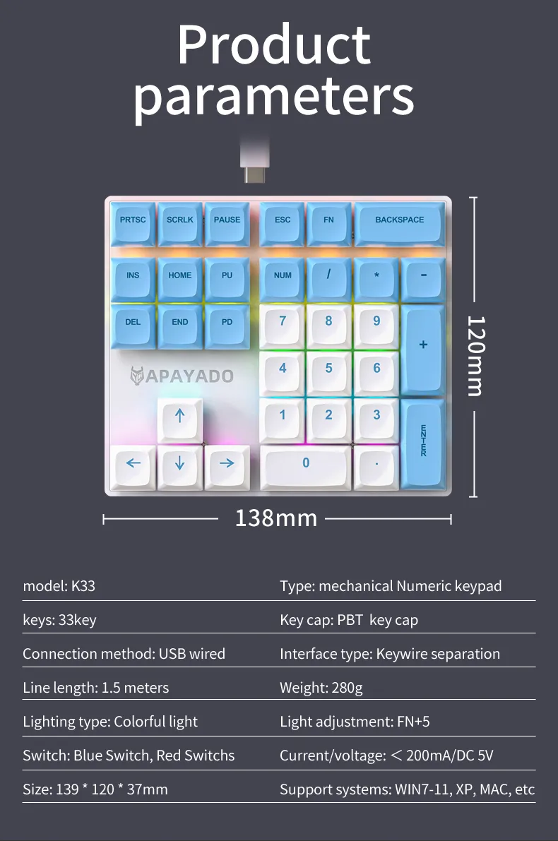 Wired Mechanical 33-Key Numeric Keypad with Multi-Color Lights Shaft Suitable for Finance, Business Keypad Laptop Keyboard